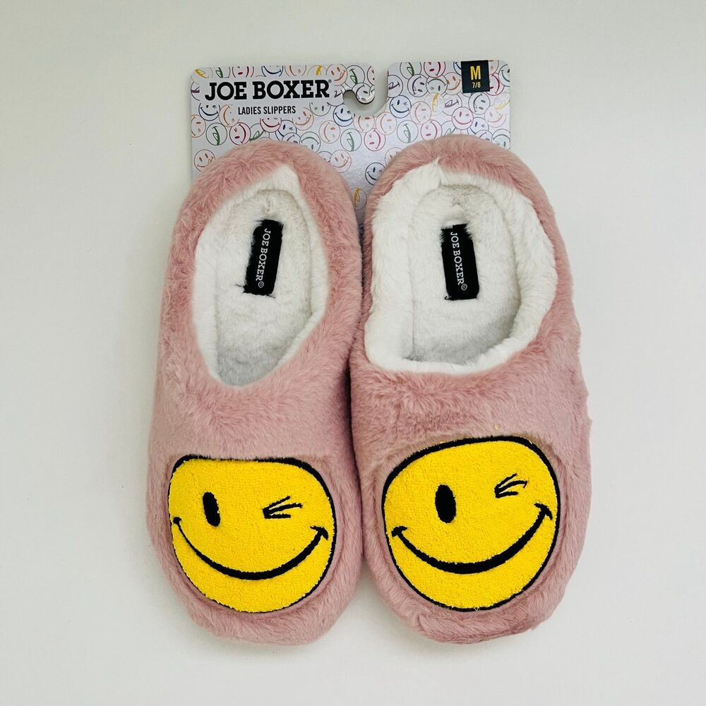 JOE BOXER Pink Yellow Mr. Winkey Smiley Face Faux Fur Slip On Slippers - M (7-8)